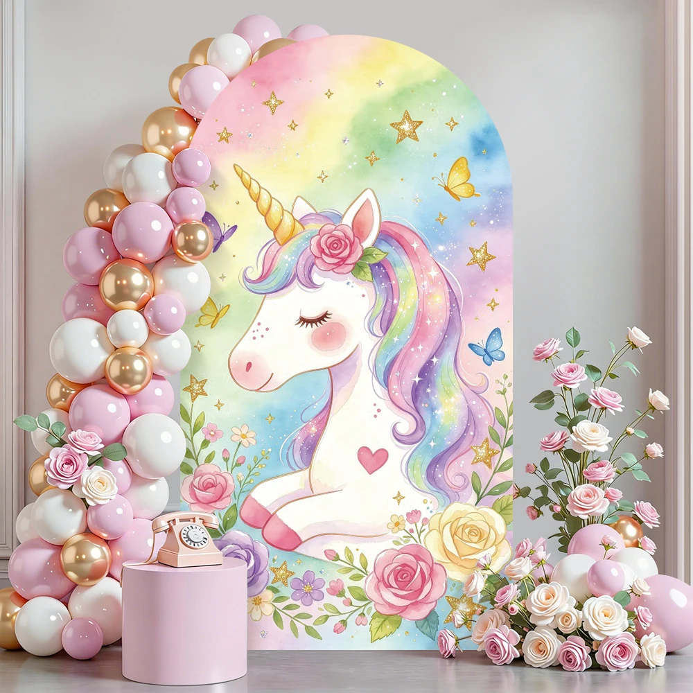 Rainbow Unicorn Arch Backdrop Single Side Cover Flower Cloud Star Butterfly Birthday Baby Shower Party Photo Booth Decorations