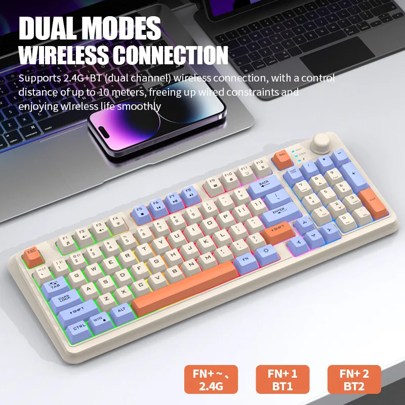 Imagem -02 - Teclado Mecânico sem Fio Português 94 Teclas 95 Layout Inglês Espanhol Russo Coreano Árabe Teclado Mouse Conjunto Bluetooth 2.4g tipo c Conectar Rgb K94 Grande Bateria Recarregável Ergonomia Design Jogos