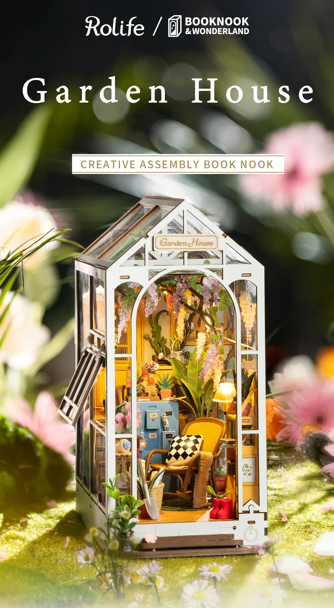 Robotime Rolife Garden House Book Nook Kit Easy Assembly Bookshelf Insert Ideal Home Decor Toy Gift for Kids Women & Girls TGB06
