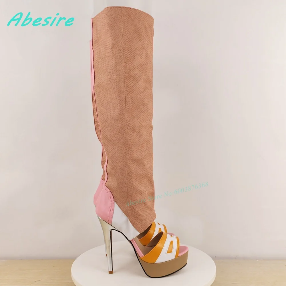 Modello serpente Colori misti Sandalo Stivali Punta rotonda Piattaforma Tacchi sottili Splicing Sandali da donna Open Toe Slip On Shoes 2026