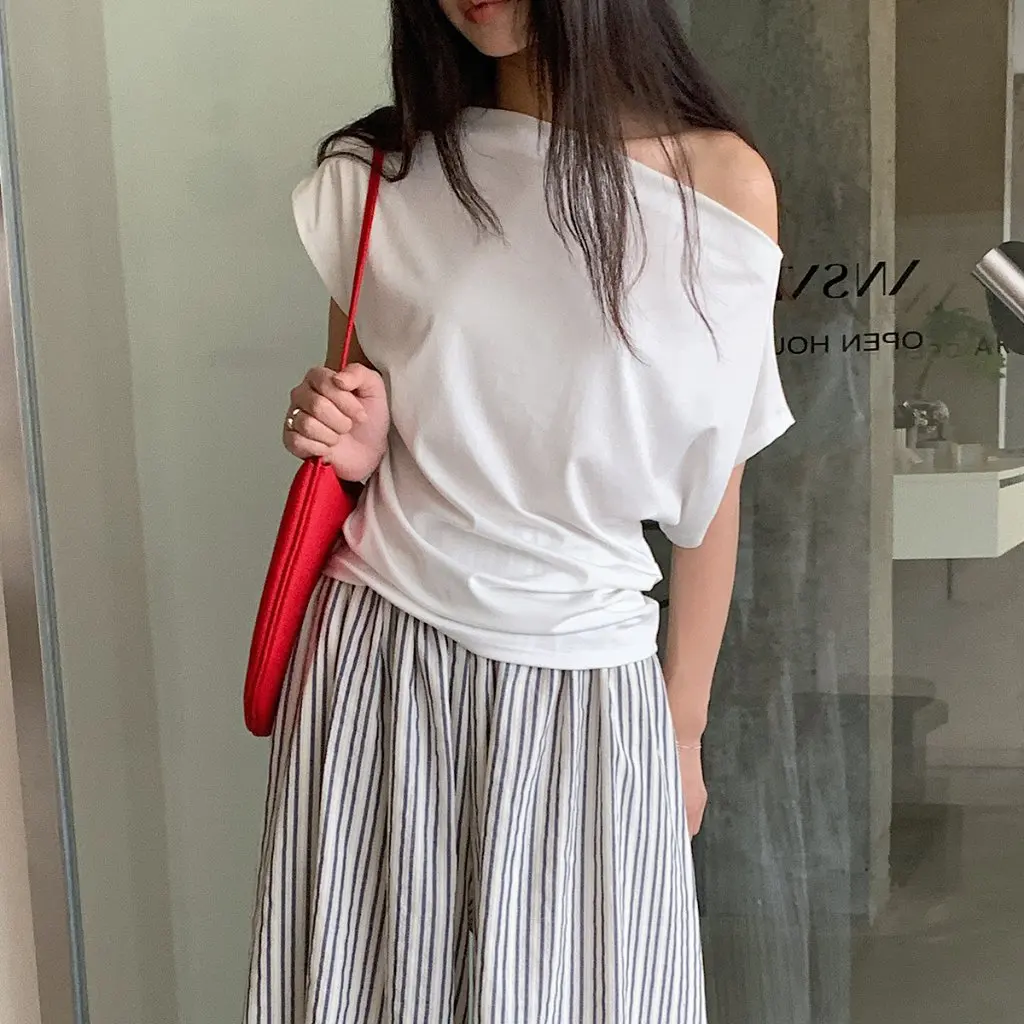 

Oufan Women's Slim-fit Short-sleeved T-shirt Shoulder Stripe Slant Design Summer New Spice Girls Style Top