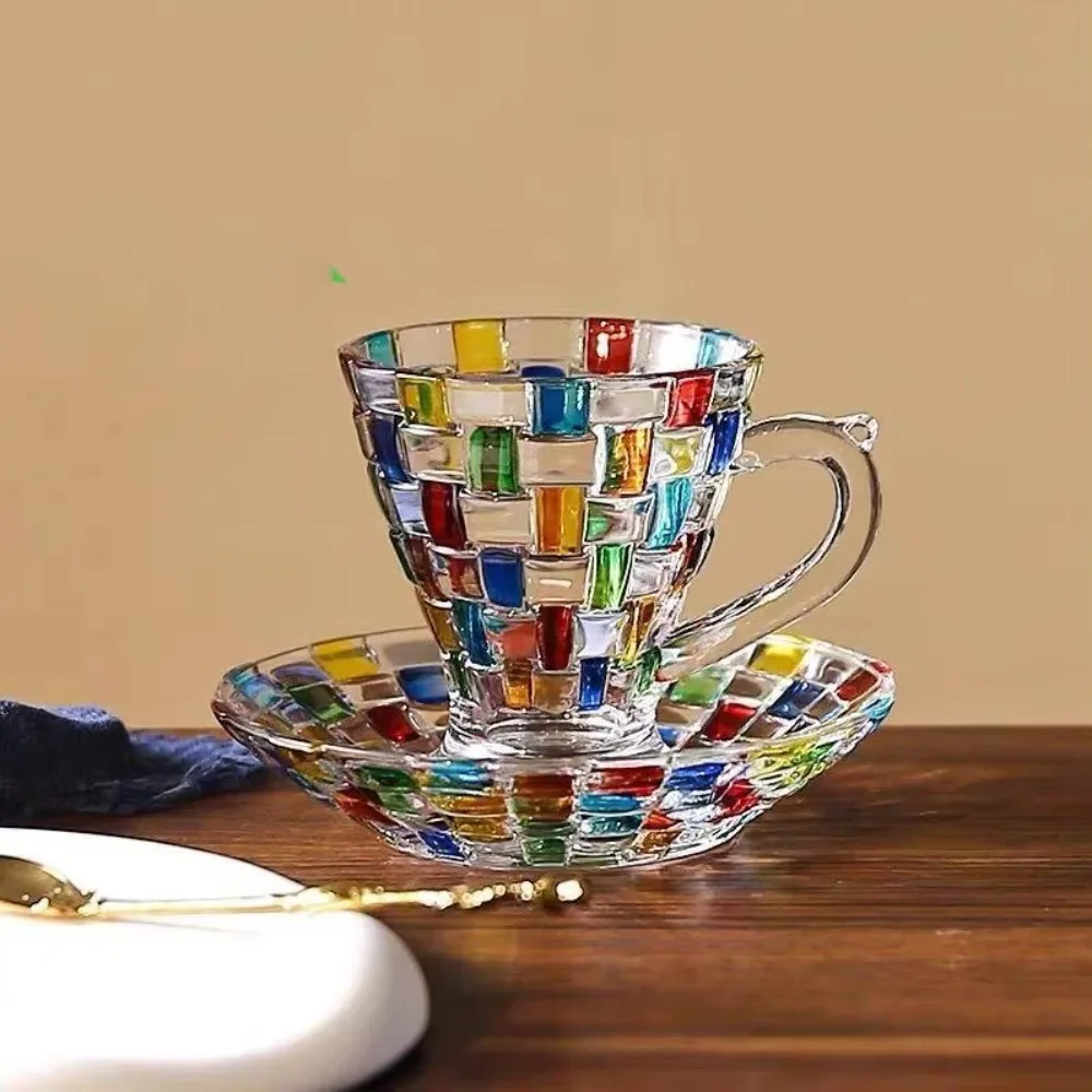 Glass Colorful Woven Texture Coffee Cup with Saucer European Style Juice Cup Hand Painted Small Capacity Glass Tea Mug