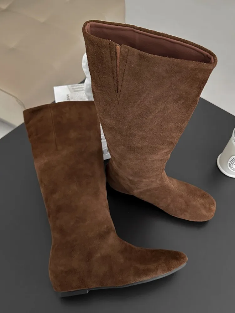 Fashion Elegant Female Comfortable Slip On Genuine Leather Knee High Knight Boots Vintage Women Block Motorcycle Riding Boots