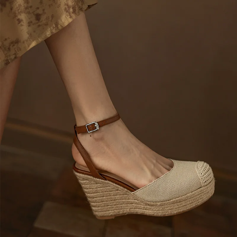 Espadrilles Wedges Sandals Shoes for Women Summer Canvas High Heels Platform Rope Denim Sandals Ankle Strap Fisherman Shoes Blue