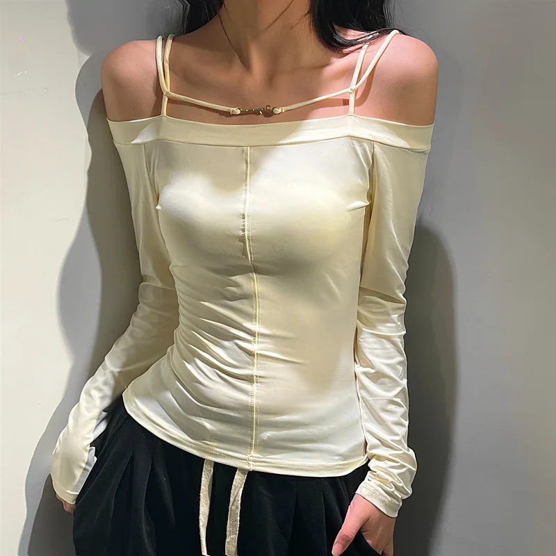 Sexy Strapless Blouse One-shoulder Slim Long-sleeved T-shirt Female