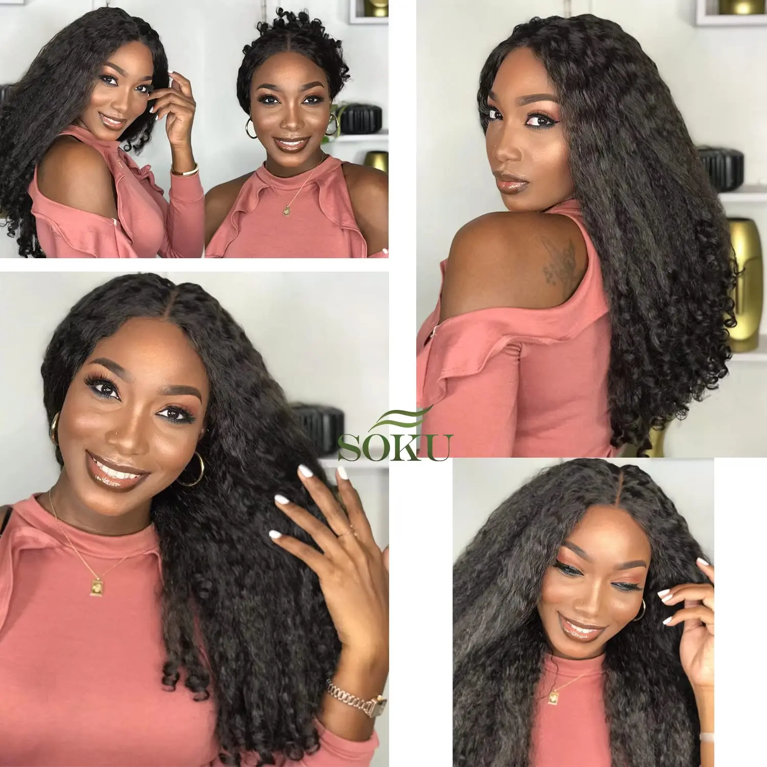 Afro kinky Curly V Part Wig Synthetic Kinky Straight with Curly Ends Fluffy Bouncy Hair for Women Braided Hair Black Hair