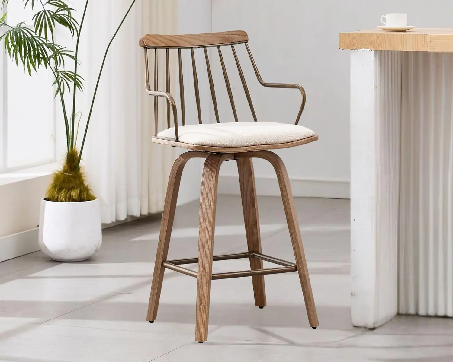 

Swivel Counter Height Bar Stool Beige Linen Upholstered with Back & Arm 26" Bentwood Frame for Kitchen Island, Customized