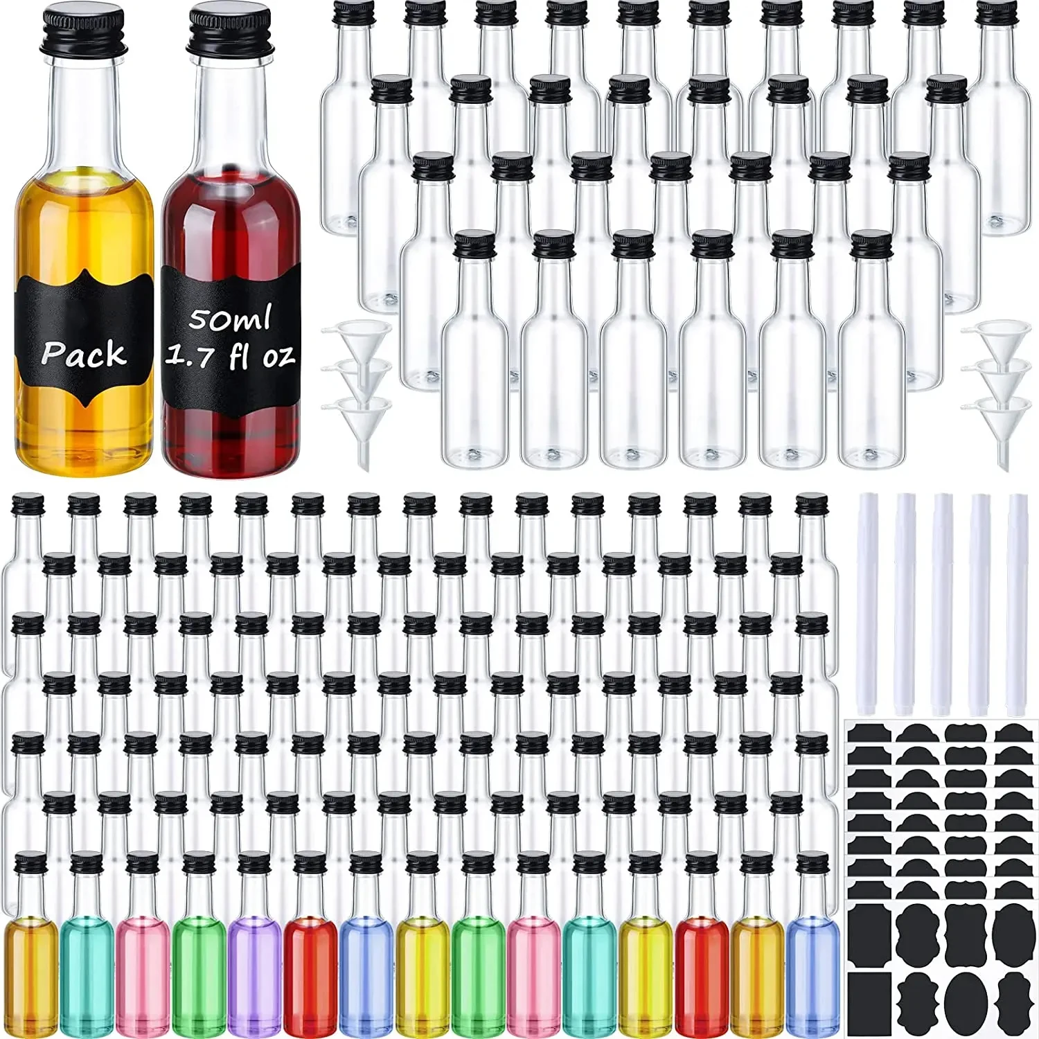 16/48/72Pcs 50ml Mini Liquor Bottles Reusable Plastic Empty Spirit Bottle Liquid Funnel Labels Pens for Vodka Champagne Whiskey