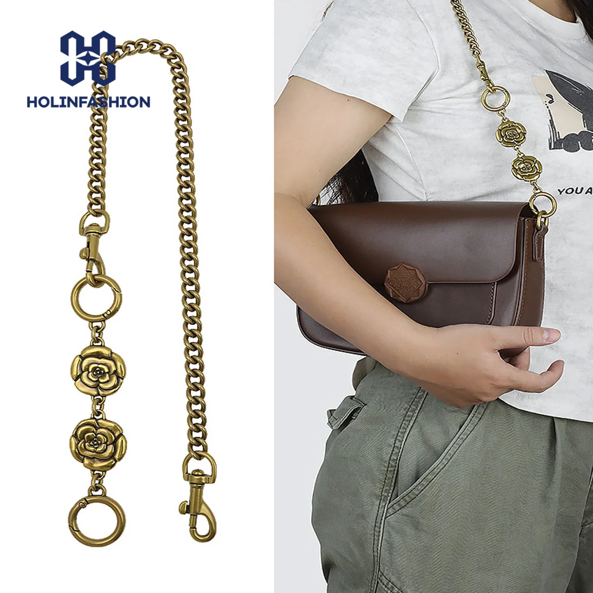 HOLIN Rose Purse Straps Replacement Bag Extender Chain Vintage Gold Bag Charms 60cm Silver Metal Wallet Chain For Tote Handbags