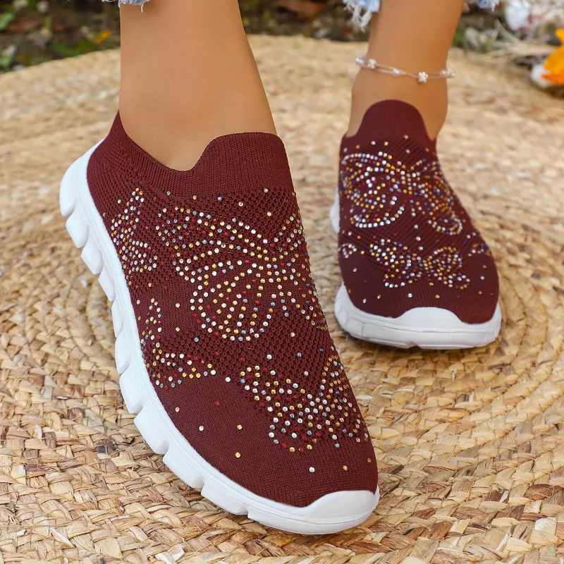 Women's Rhinestone Knit Slip-On Sneakers Lightweight Breathable Casual Comfort Walking Shoes for Everyday and Travel