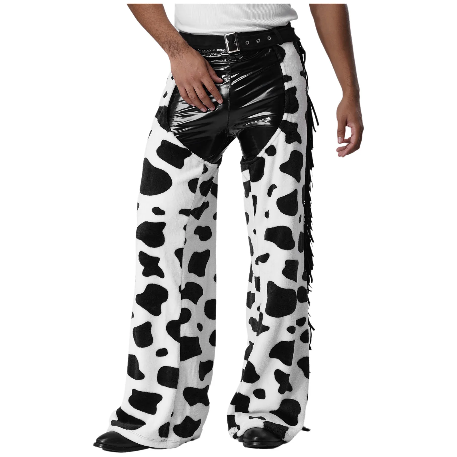 

Men Fashion Crotchless Pants Vintage Cow Spot Pattern Flannel Pants for Biking Riding Cowboy Chaps Halloween Cosplay Costume