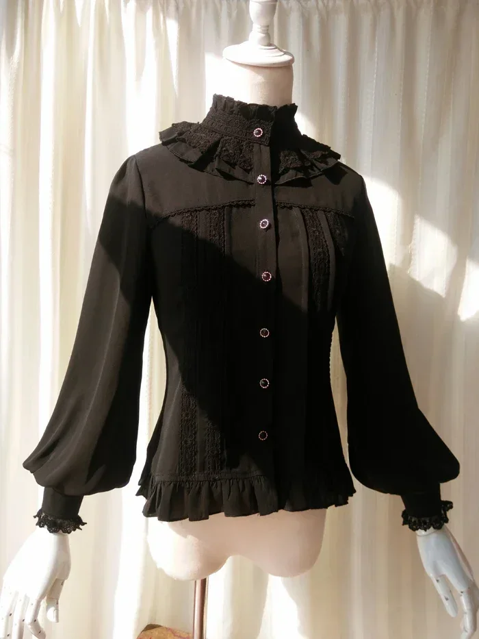 Vintage Women\'s Chiffon Blouse Sweet Long Lantern Sleeve High Collar Shirt with Lace Detailing