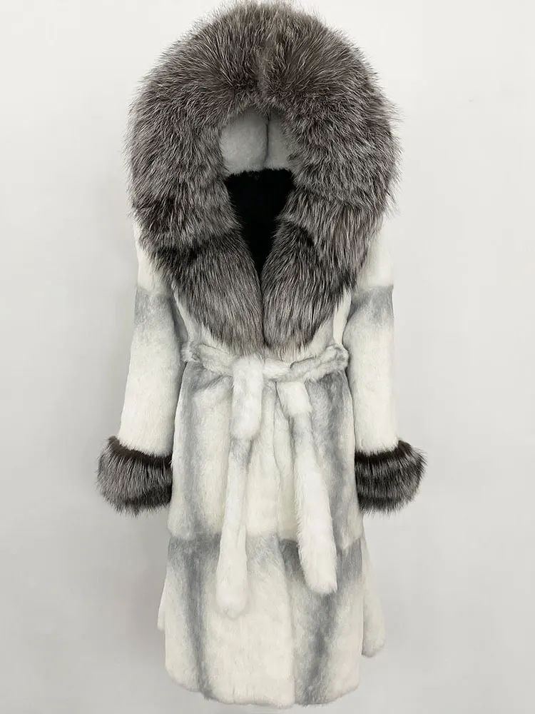 

2025 New Autumn Winter Real Fox Fur Coat Female Natural Rabbit For Jacket Warm Thick Women Long Hooded Belt Clothing Lady