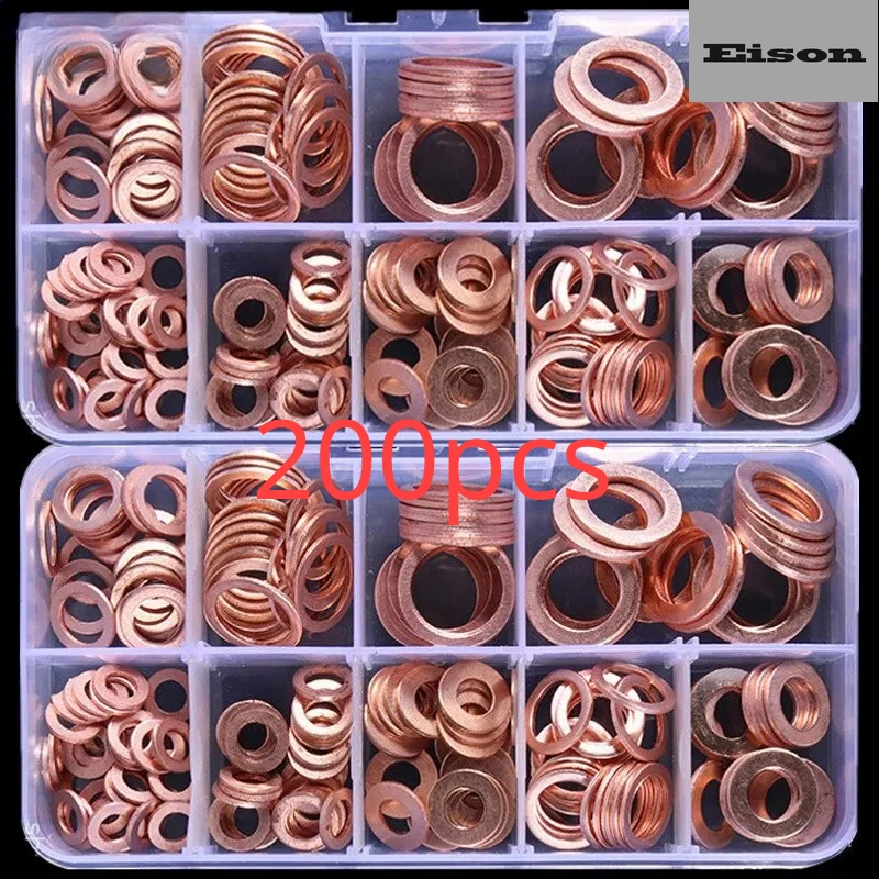 

100/200 pcs Copper Washer Gasket Nut and Bolt Set Flat Ring Seal Assortment Kit with Box //M8/M10/M12/M14 for Sump Plugs