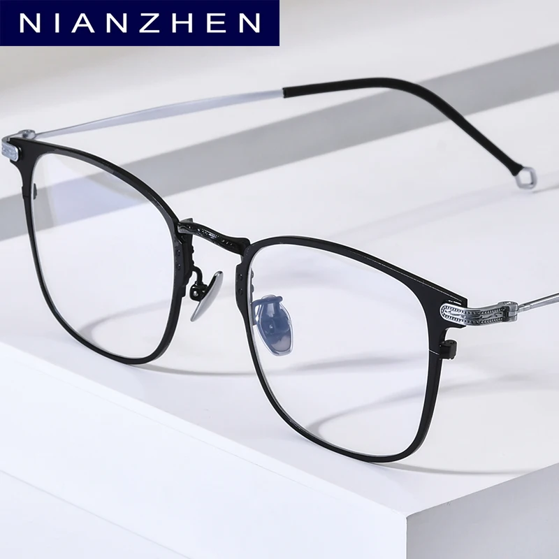 NIANZHEN Titanium Alloy Glasses Frame Men Square Retro Brand Design Eyeglasses Women Ultralight Japanese Eyewear Spectacles 8028