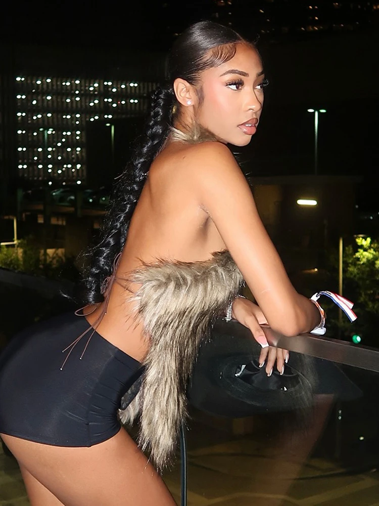 Sexy peludo tank topos feminino hipster halter y2k sem costas bandagem meia-noite festa clubwear verão tendência selvagem colete básico