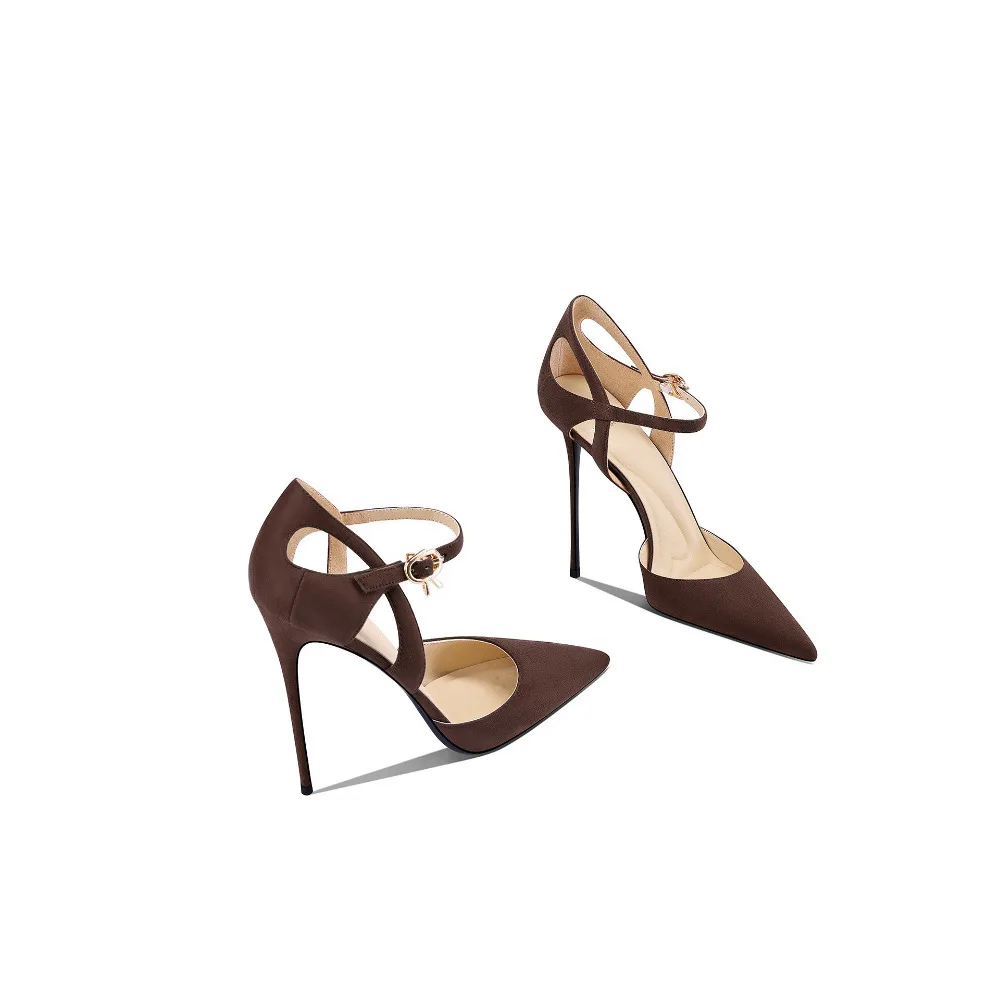 

Designer Brown Pointed Toe Thin High Heel Sandals for Women Spring Summer New Style Buckle Design Closed Toe Heels