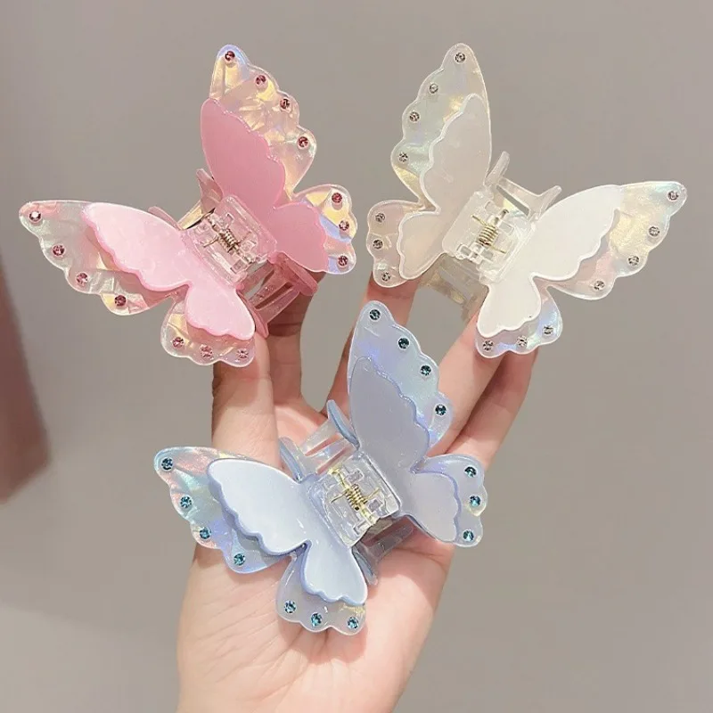 Fantasy Colorful Butterfly Hair Claw Clip Rhinestones Fairy Double Layer Crab Hair Clip for Woman Girl Princess Hair Accessories