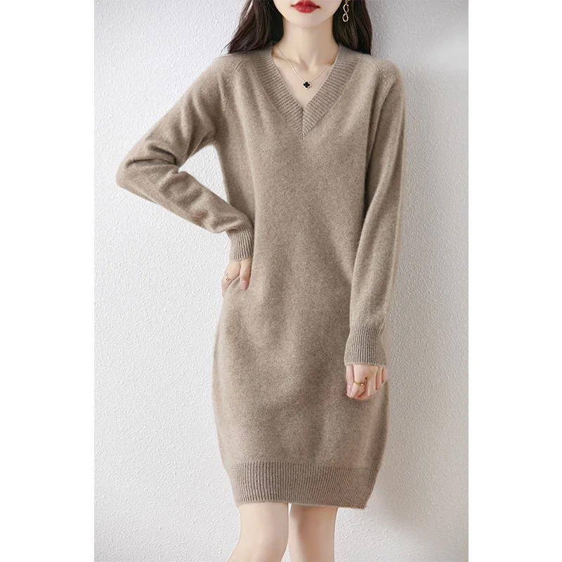 Fashion Autumn Winter Dress Women100%Merino Wool V-neck Long-sleeved Dress Women's Pullover Solid Color Fashion Basic Knit Skirt