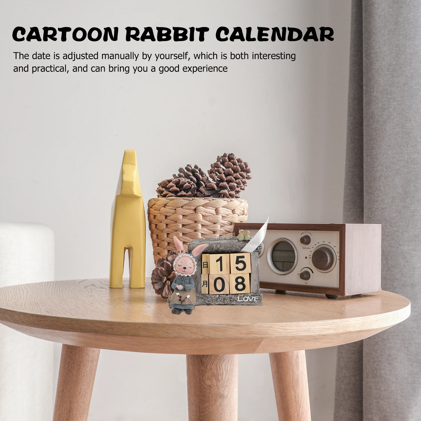 Wooden Rabbit Decoration Household Tabletop Ornament Rustic Block Calendar Office Decor Adorable Desktop Calendar Perpetual