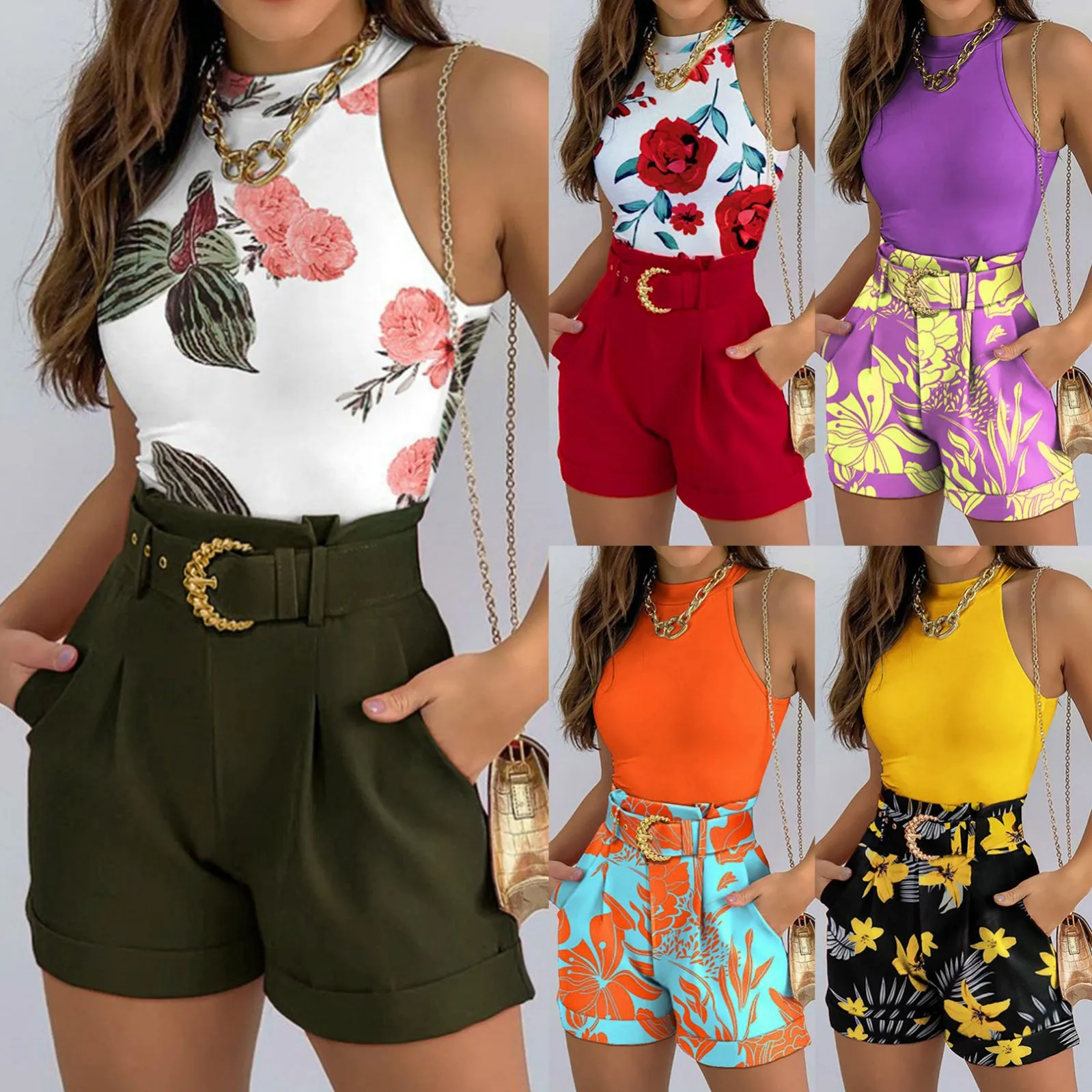 Two Piece Set Outfits Womens Outifits Summer 2024 Casual Basic Sleeveless Tank Top & Feather Print Shorts Set with Belt Outifits