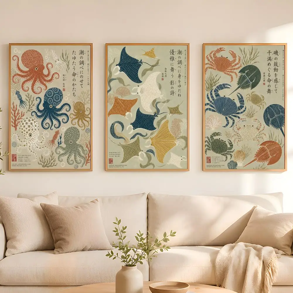 Japanese Marine Life Archive Poster Stickers Painting Self-Adhesive Mural HD Wall Decals for Bedroom Living Room Home Decor Gift