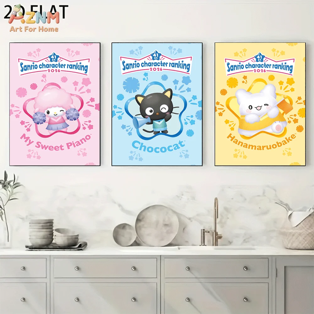 AZNM My Sweet Piano Chococat Hanamaruobake Frameless Canvas Wall Art, Sanrio Character Ranking Cartoon Poster, Pastel Kawaii Aes