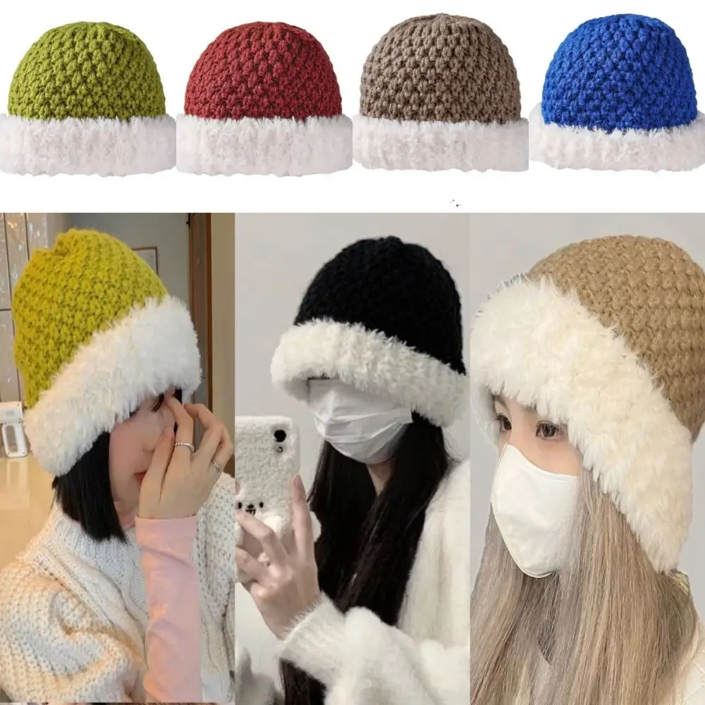 Elegant Versatile Knitted Yarn Hat Thickened Splicing Warm White Fisherman Hat Large Head Circumference Basin Caps Head