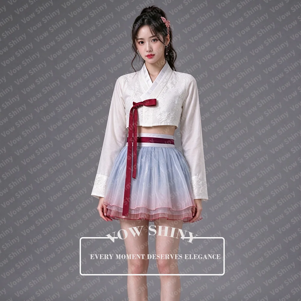 OLOEY Modern White And Gradient Blue Pink Short Hanbok Set V Neck Long Sleeve Appliques Jeogori Organza Mini Skirt Customized