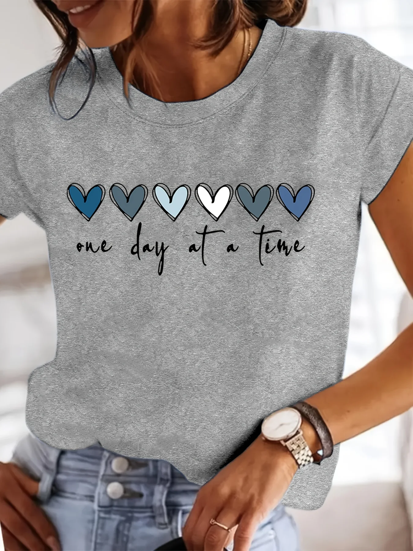 Women'S Casual Graphic T-Shirt - It'S One Day at a Time Heart Print Short Sleeve Fashion Harajuku Kawaii T-shirt Y2K Clothing