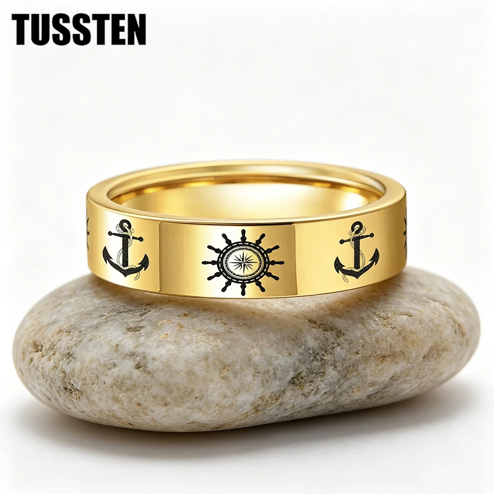 TUSSTEN6/8MM tungsten Carbide Wedding Ring for men and women, laser engraved boat anchor and rudder, comfortable fit