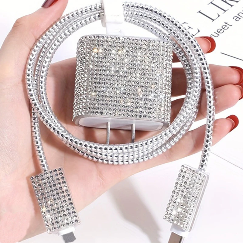 Crystal Rhinestone Charger Protective Set for Apple 20W Fast Charger,Type-C Cable Protector Compatible,Gifts for Women Girls