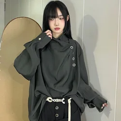 QWEEK Vintage Japanese Women Shirt Irregular Oversized Solid Color Blouse Novelty Harajuku Long Sleeve Button Up Clothes Autumn