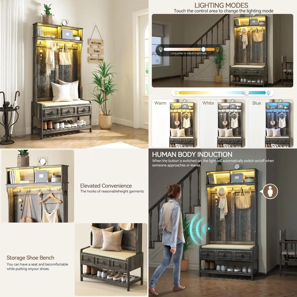 "مقعد مدخل على طراز المزرعة مقاس 67 بوصة مع مساحة تخزين للأحذية، ورف معطف خشبي بمستشعر تلقائي، وإضاءة LED"