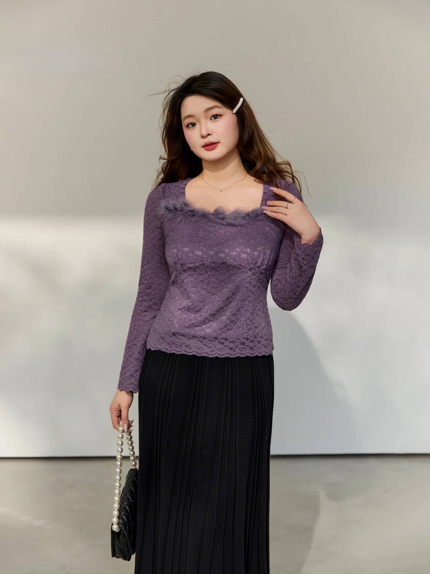 

Ele Large Size Women's Lace irt Square Collar Bird's Eye Pattern Spring Faion plus Size MM Romantic Social Series