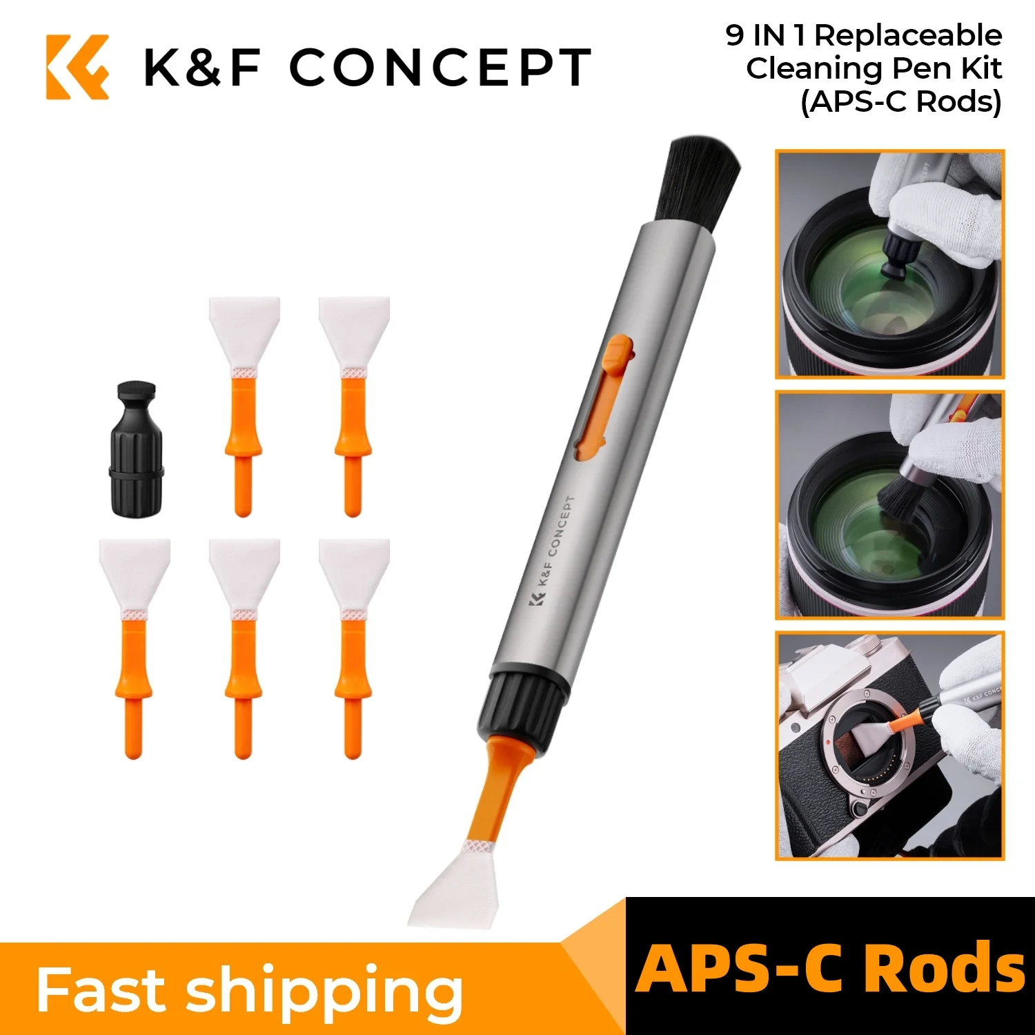 K&F CONCEPT Multifunctionele Camera Reinigingspennenset Vervangbare pen met reinigingsborstel Siliconen punt APS-C/Full-Frame sensorwattenstaafje