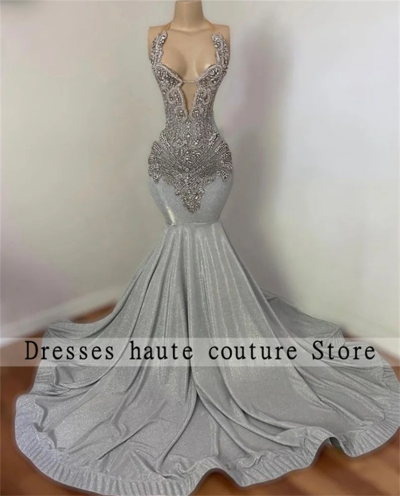 Silver Diamonds Mermaid Prom Dresses 2025 สําหรับสาวสีดําคริสตัลชุดวันเกิดชุดราตรีที่กําหนดเอง Robe De Soirée