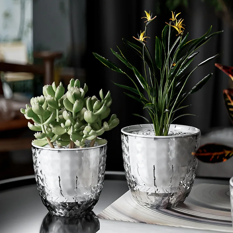 Self Watering Flowerpot Automatic Water Absorbing Flowerpot Transparent Double Layer Plastic Succulent Plant Pot Decorative Pot
