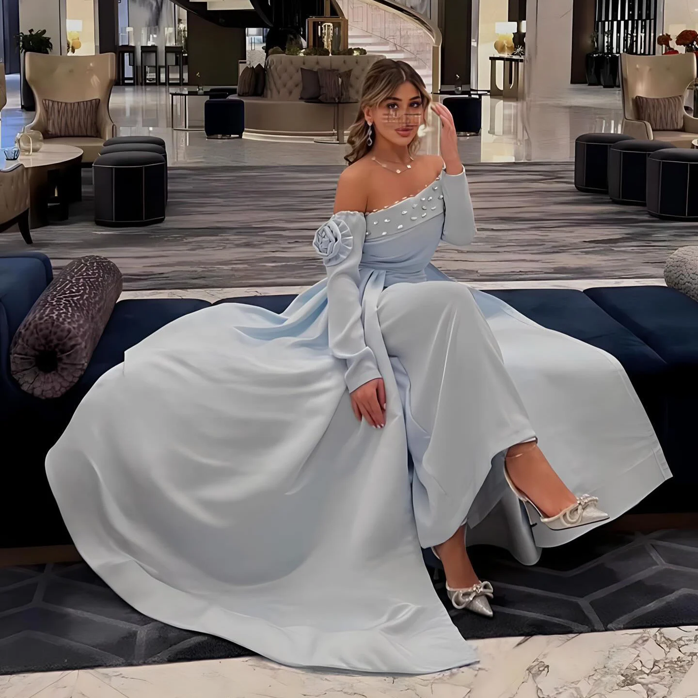 

trapless Customized Formal Evening Dress Pleat Crystal Long Sleeves فساتين سهرة Floor Length Elegant Prom Gowns Party Women