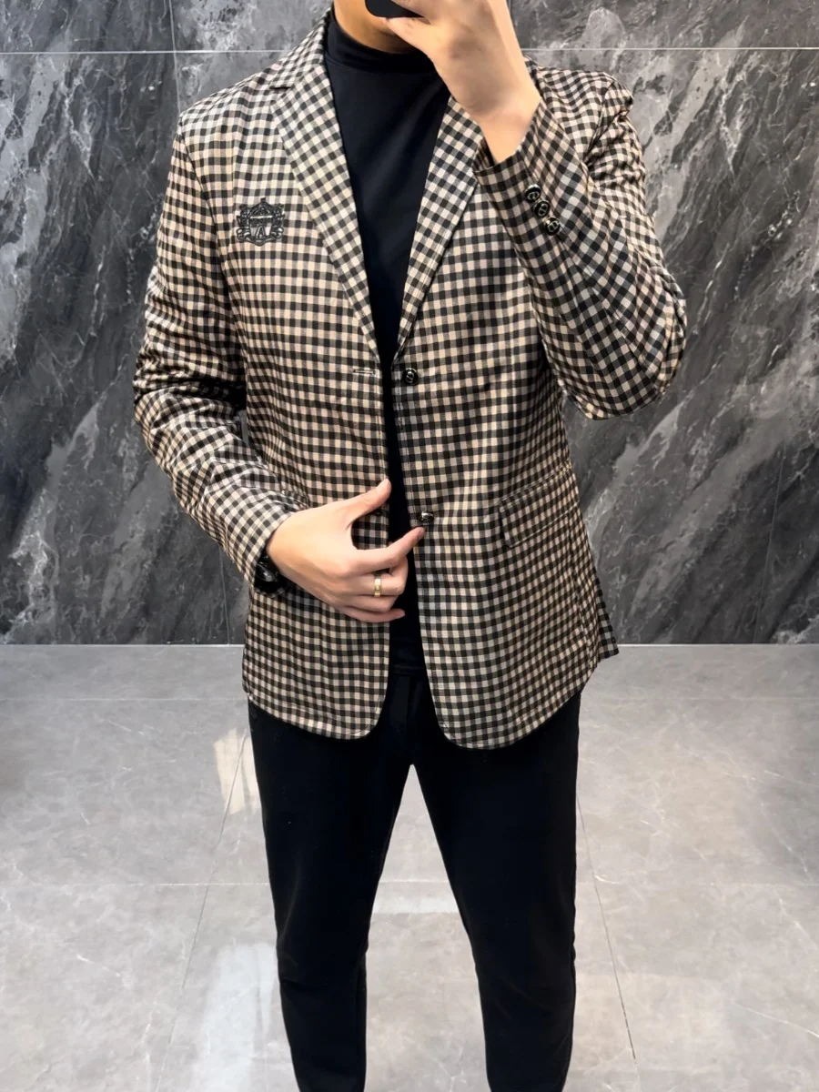 

Мужской клетчатый костюм: повседневный, модный, приталенный, весенне-осенний, деловой, высококачественный, трендовый, с длинным рукавом, идеальный крой