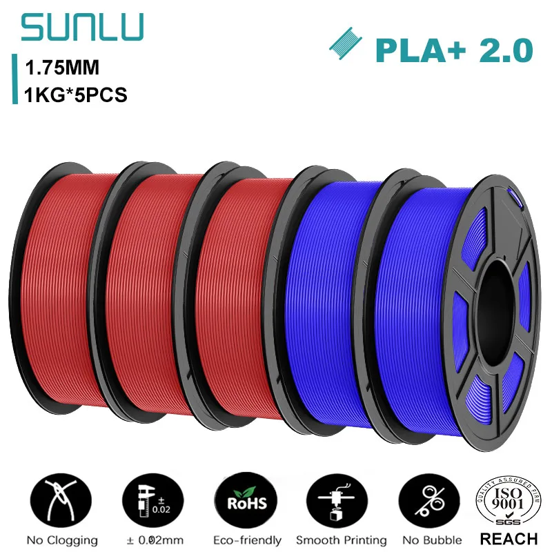 SUNLU Mix-Color 5Roll PLA/PLA PLUS 2.0 Filament 1,75 mm 1 kg Spule (2,2 lbs) Ordentlich gewickeltes Filament, passend für die meisten FDM-Drucker