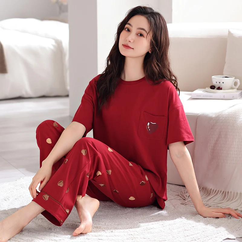 Newest Summer Women Pajamas Set Ladies 100% Cotton Sleepwear Female Short Top+Long Pant Solid Pyjamas image 2