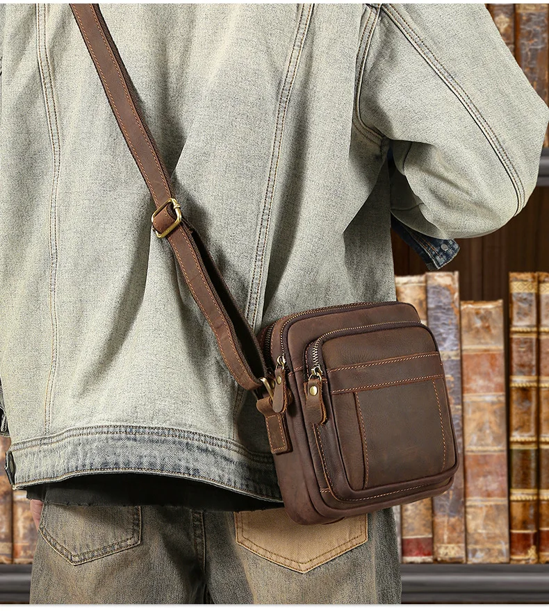 

Мужская сумка через плечо из натуральной кожи, легкая сумка-кроссбоди в ретро-стиле с несколькими карманами для повседневного использования.