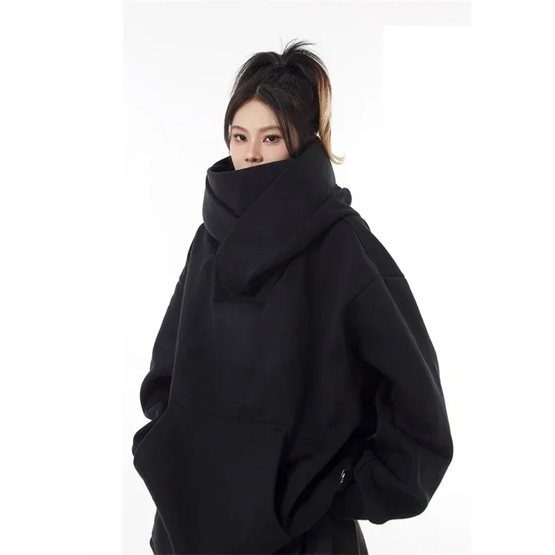 Vintage Fleece Lined Sweatshirt for Men Solid Color Ninja Hoodie Japanese Hip Hop Streetwear Oversized Big Size Hooded Top
