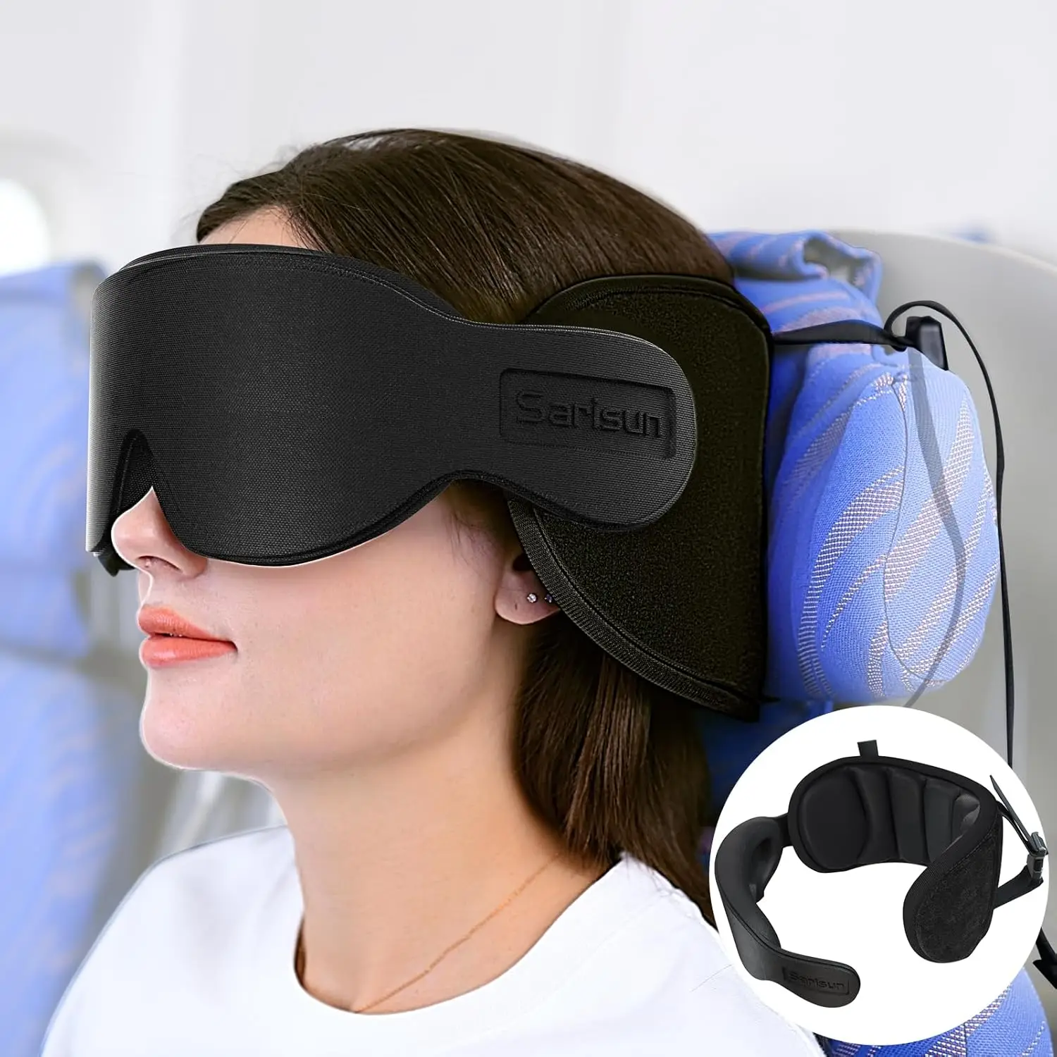 360° Support Travel Pillow with Eye Mask for Airplane, Car, and Long Flights - Black
