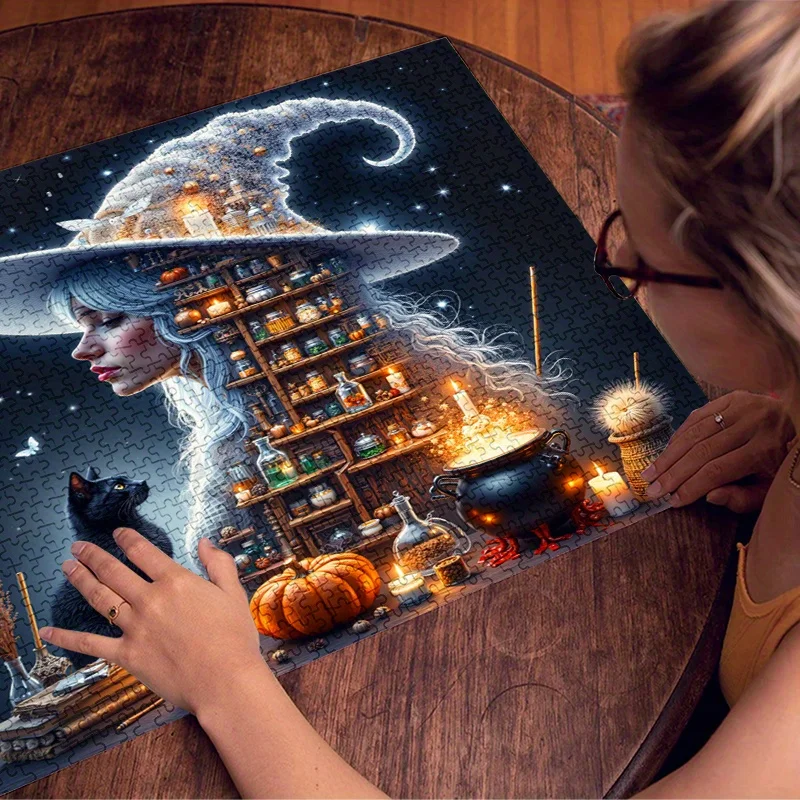 1000피스 대형 마녀 마법 종이 퍼즐 성인 및 가족용 - 내구성 있는 종이 상자로 두뇌를 자극하는, 무서운 홀 테마