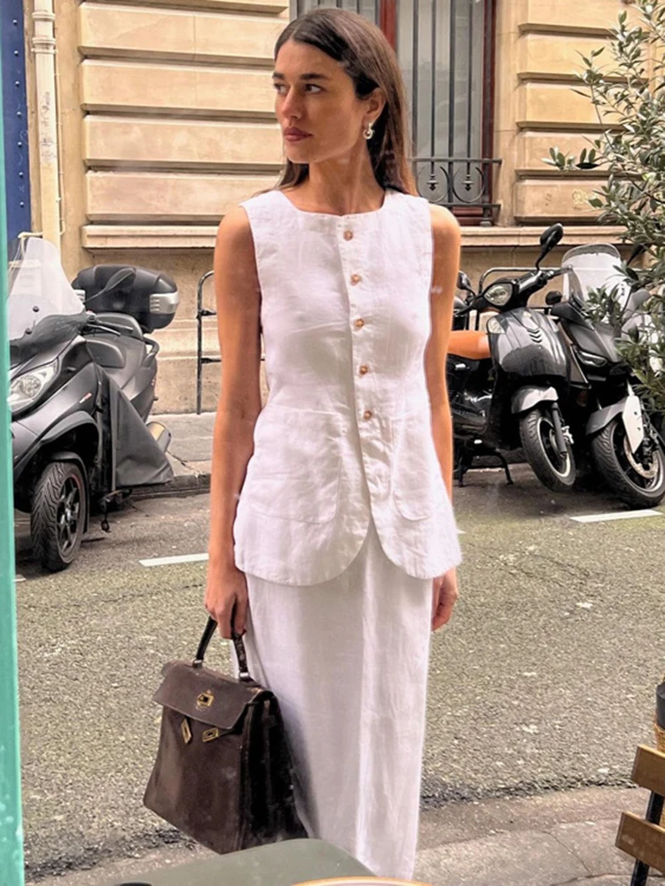 

Jyate Summer Slim White Cotton Two Piece Set Women Outfit 2023 Elegant Sleeveless Tops With High Waist Long Skirts Sets Female