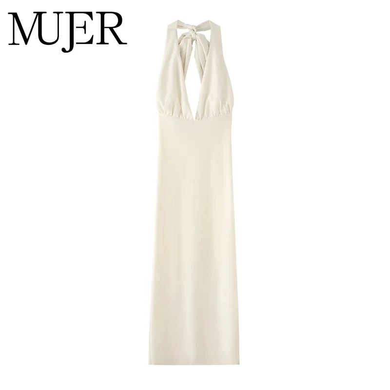 MUJER 2025 Halter Lange Kleider für Frauen Sexy Rückenfreie Damenkleider Sommerabend Damenkleid Schulterfreies Midikleid Frau