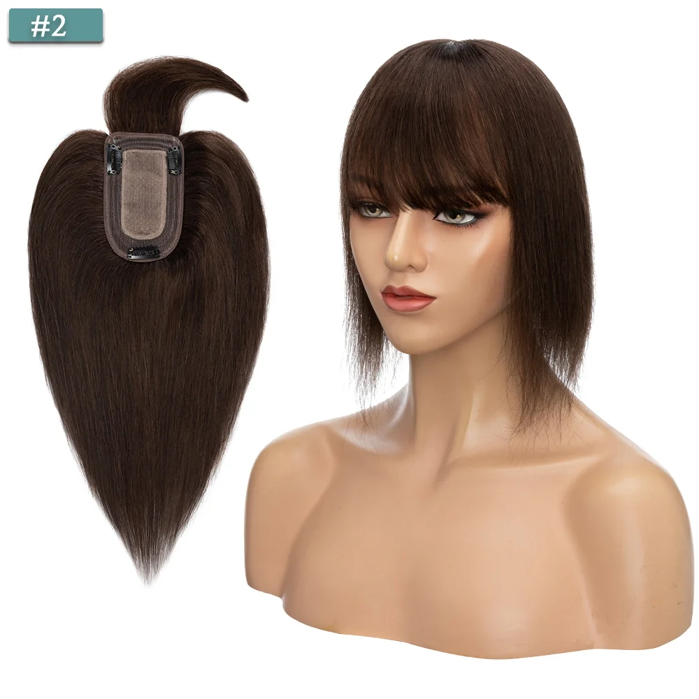 SEGO 7x13CM Echthaar-Topper mit Pony für Frauen, Seidenbasis, natürliche Haarteile, Perücken für Haarausfall, Volumenabdeckung, graues Haar – Detail 12