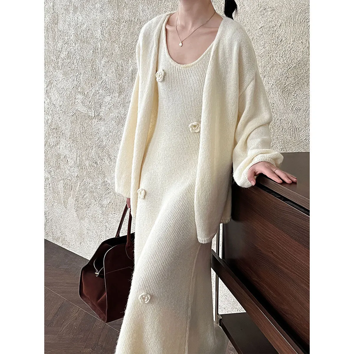 UMI MAO 한국 스타일 가을 겨울 신상 레이지 스타일 베스트 드레스 + 가디건 재킷 여성용 입체 꽃 투피스 세트